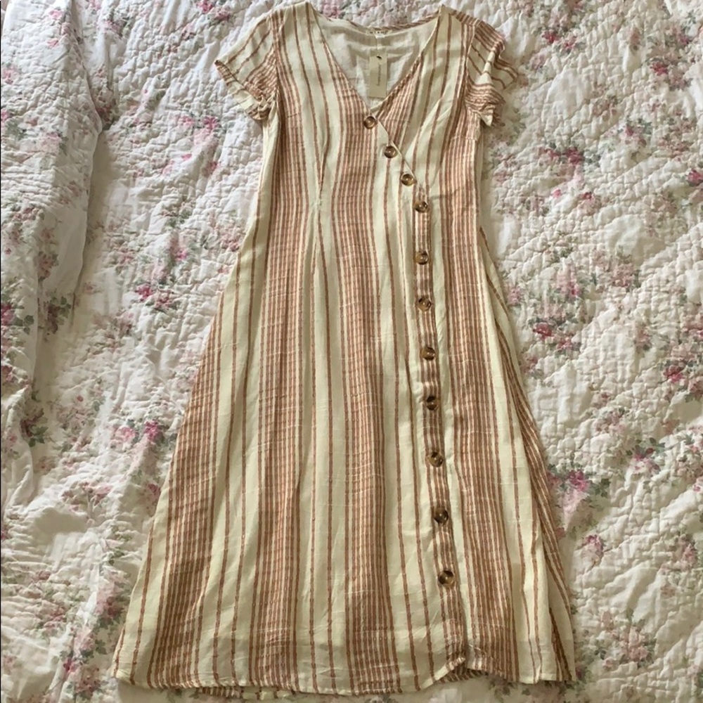 Cream & Orange Striped Button Down Dress